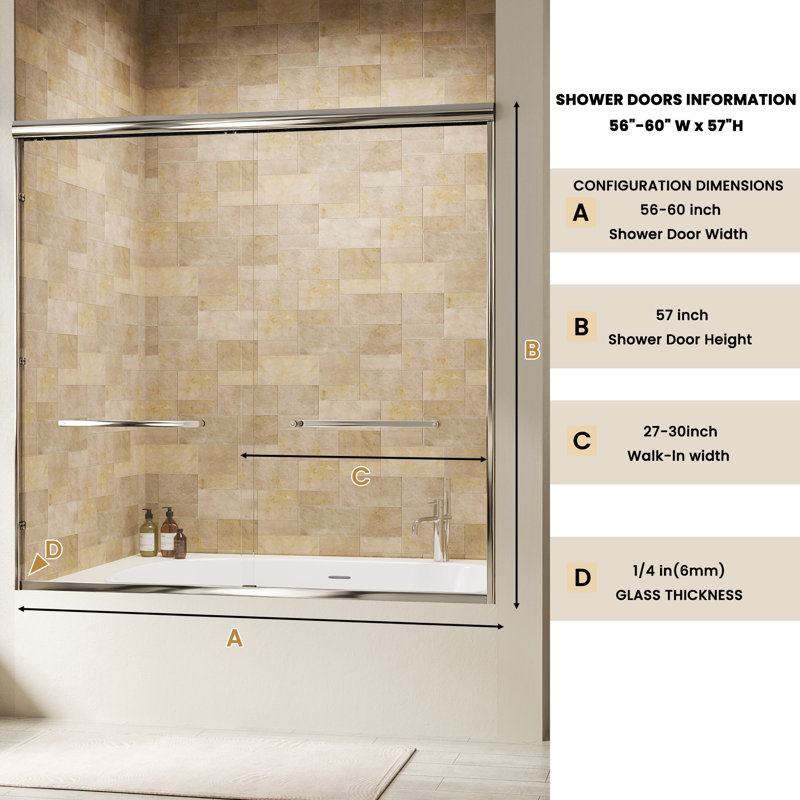 Double Sliding Tub Door Aluminum Frame with 1/4" (6mm) Clear Tempered Glass, Chrome, 56" - 60" W x 57" H