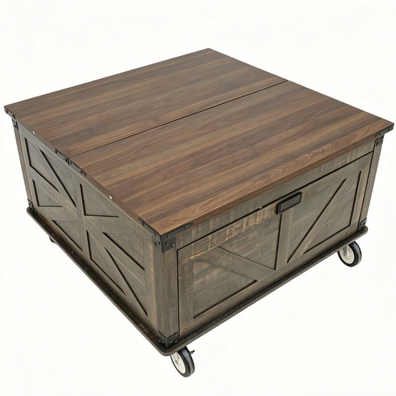 Table basse à plateau relevable rustique avec rangement, prises de courant et roues verrouillables