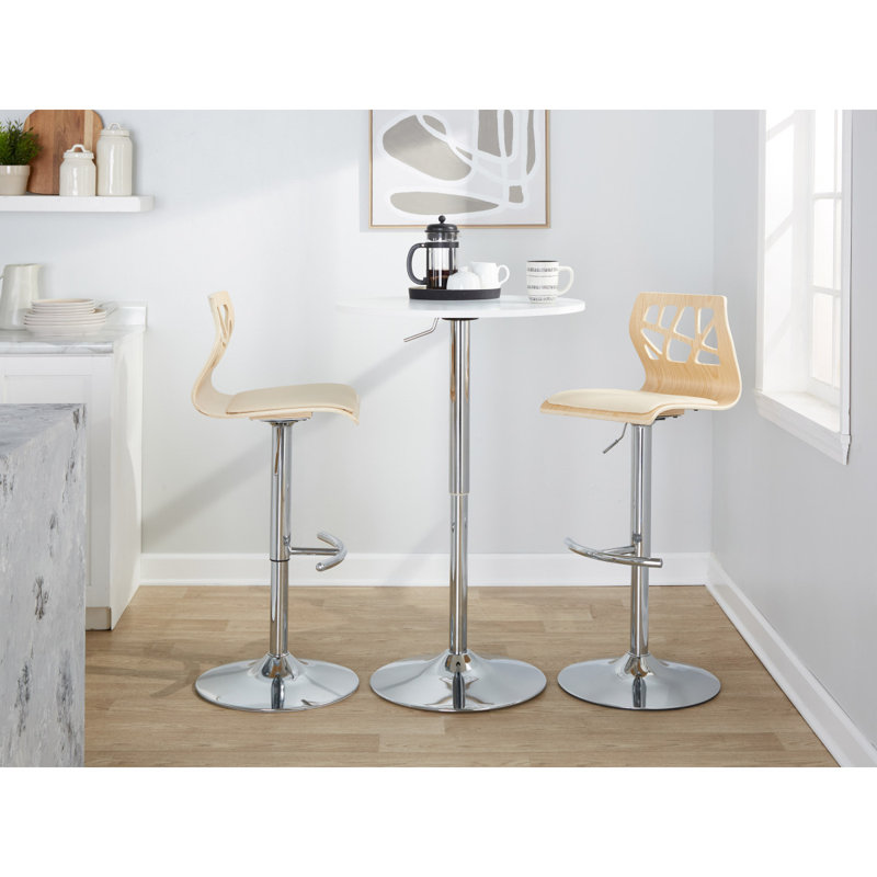Tabouret de bar réglable avec pivot en métal chromé, bois naturel et similicuir crème avec repose-pieds arrondi en T - ensemble de 2