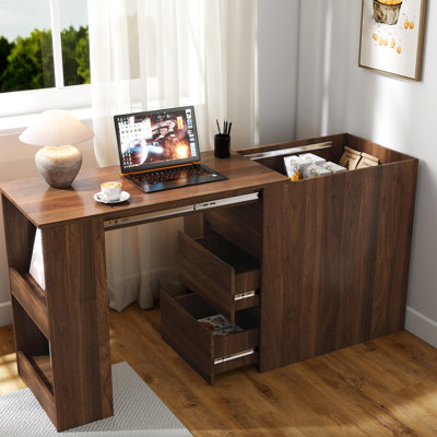 Computer Desk With Drawers And Storage, Extendable Multifunctional For Office Use Two Cabinet, Foldable Design Saving Space In
