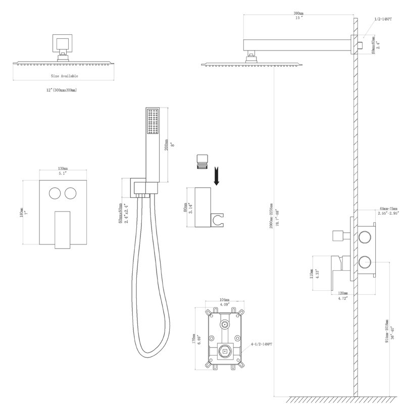 Matte Black 12 Inch Wall Mounted Square Dual Shower Head With - Balanced Valve, Rainfall 360 Rotation, Easy To Clean And Adaptable System In Black, Scald, Adjustment, Handheld For Different Uses