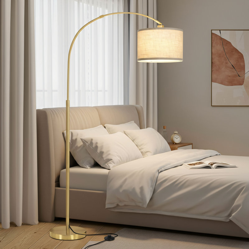 Modern Gold Floor Lamp: Features A Tall, Curved Design, An Adjustable Cylindrical Lampshade, And A Foot Switch. Perfect For Use As A Reading Lamp On A Sofa, And Suitable For Various Settings.
