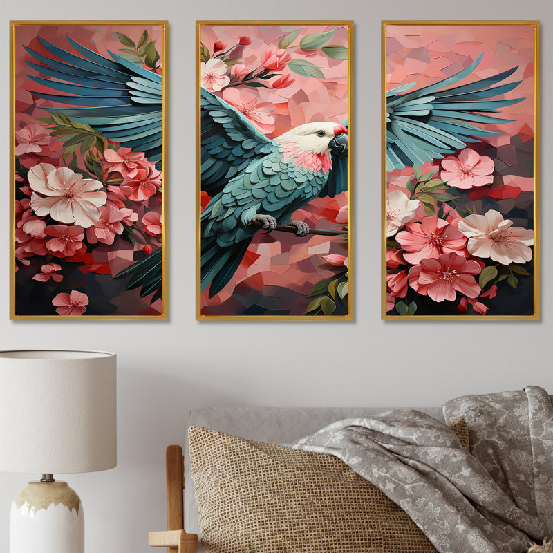 «Blue and Pink Parrot Paradise IV», art mural perroquet, Cadre flottant doré, H 32 po x l 48 po