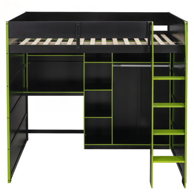 Lit mezzanine en bois pleine grandeur avec bureau, garde-robe ouverte, compartiments de rangement et lumières RVB pour un espace de jeu et de travail ultime