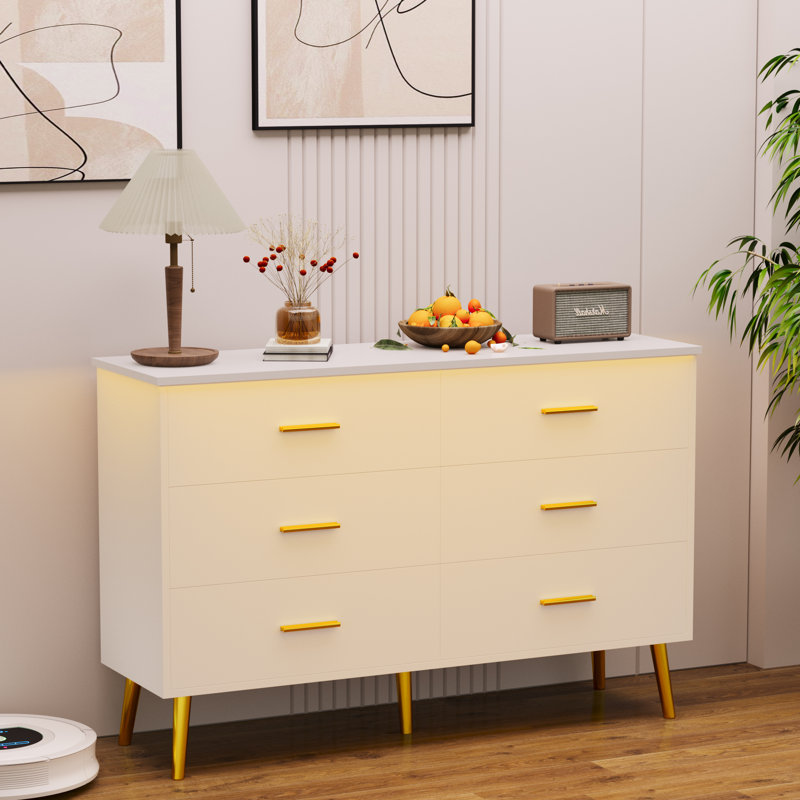 Roselynne 6 - Drawer 46.5" W Double Dresser with LED Light ,Chest of Dressers for Bedroom, Gold/White