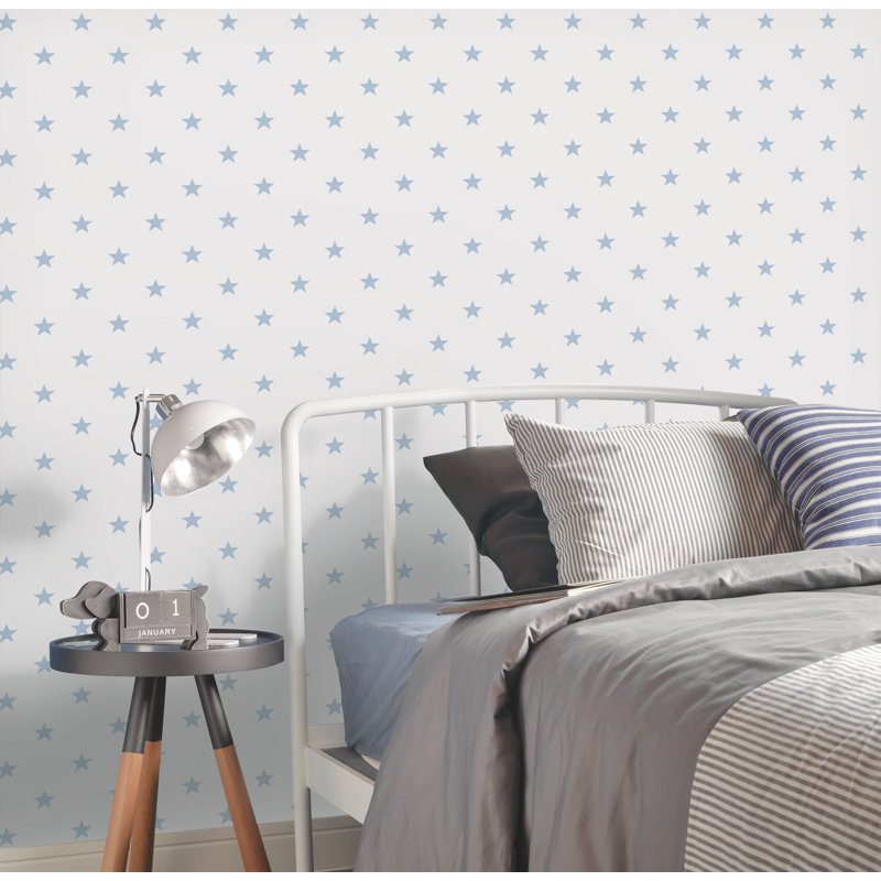 Deauville 2 Geometric Star Design 33' L x 21" W Wallpaper Roll, White/Sky Blue