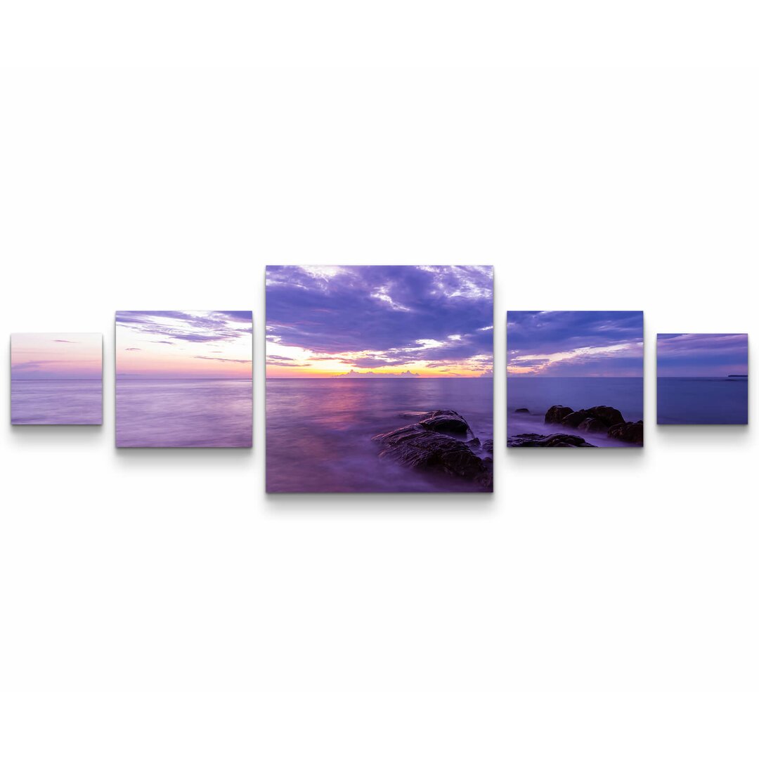 5-tlg. Leinwandbilder-Set Violette Meereslandschaft mit Felsen