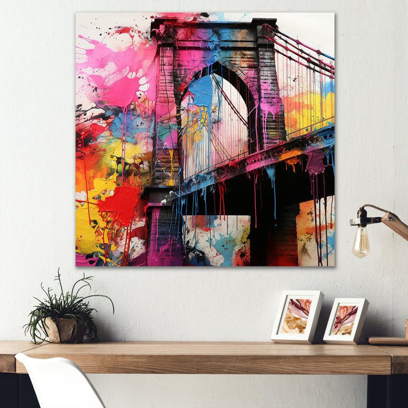 Jaune et rose, pont de Pittsburgh - art mural Pittsburgh, H 36 po x l 36 po x P 1,5 po, Toile tendue