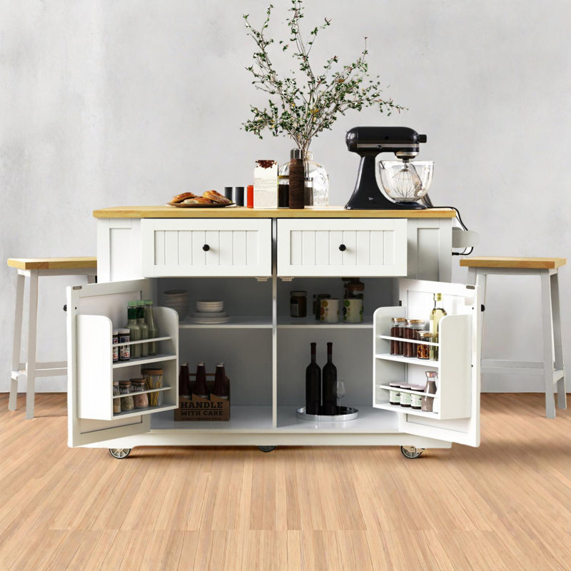 Ensemble d'îlot de cuisine de 48 pouces avec tabourets de bar, prise de courant, supports de rangement, tiroirs, roulettes, abattant