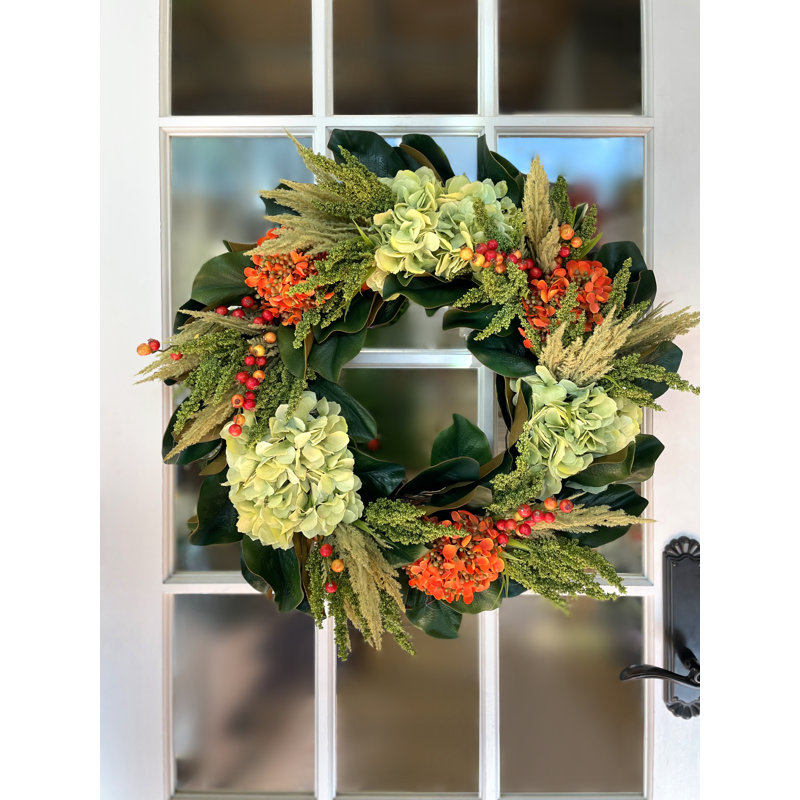28" Hydrangea, Heather And Berry Fall Wreath With Magnolia Leaves
