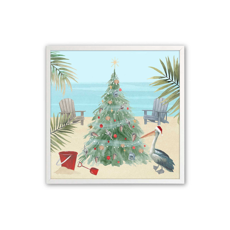 «Beachside Christmas I Print», Cadre simple opaque blanc, bois massif, H 21,5 po x l 21,5 po