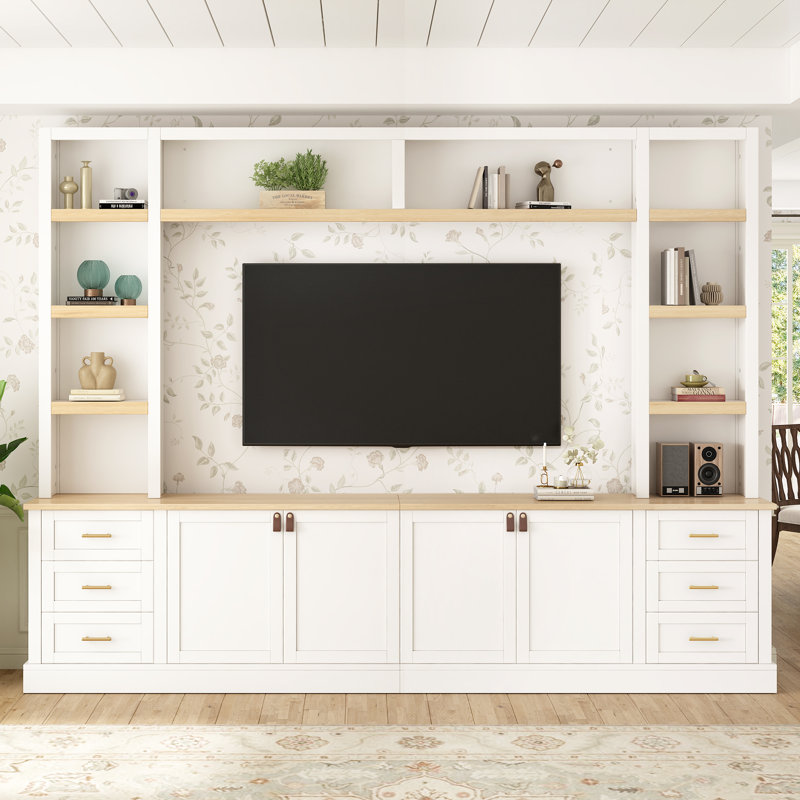 Entertainment Center With Bookshelves, 6 Drawers And 2 Cabinets, White
