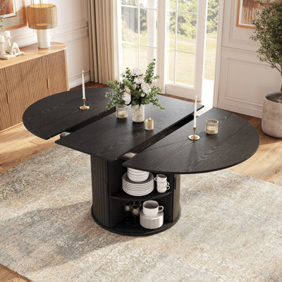 Extendable Round Dining Table for 2-6, 39.37"-55.12" with Hidden Extension Leaf and Storage Pedestal, Space-Saving Design for Small Spaces