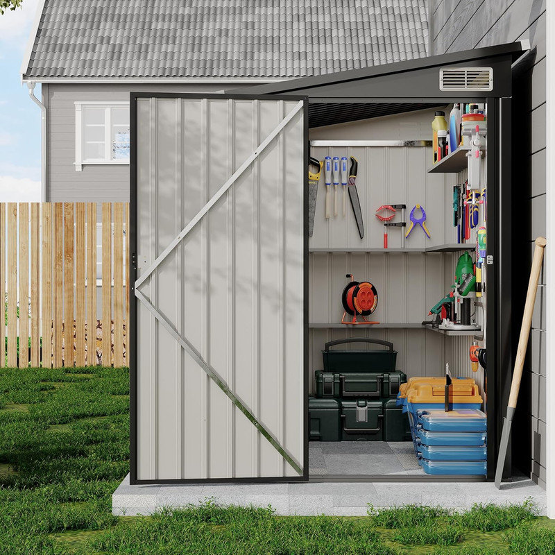 4x8 FT Metal Lean-to Storage Shed, Galvanized Steel Outdoor Wall Side Tool Shed with Lockable Doors, Gray