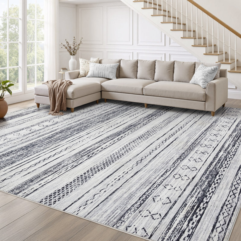 Modern Geometric Area Rug Moroccan Washable Low Pile Carpet Non-Slip Abstract Pattern Soft Floor Mat, Rectangle 10' x 12'