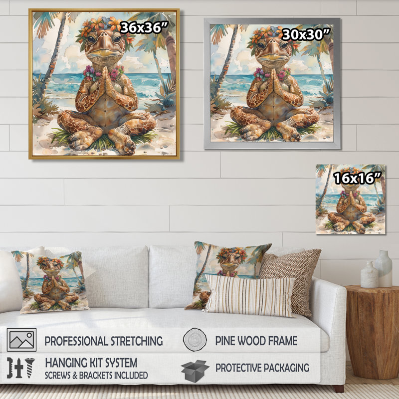 Tortue de mer méditant sur la plage de Waikiki I - Tortue, art mural animal, Toile tendue, H 16 po x l 16 po