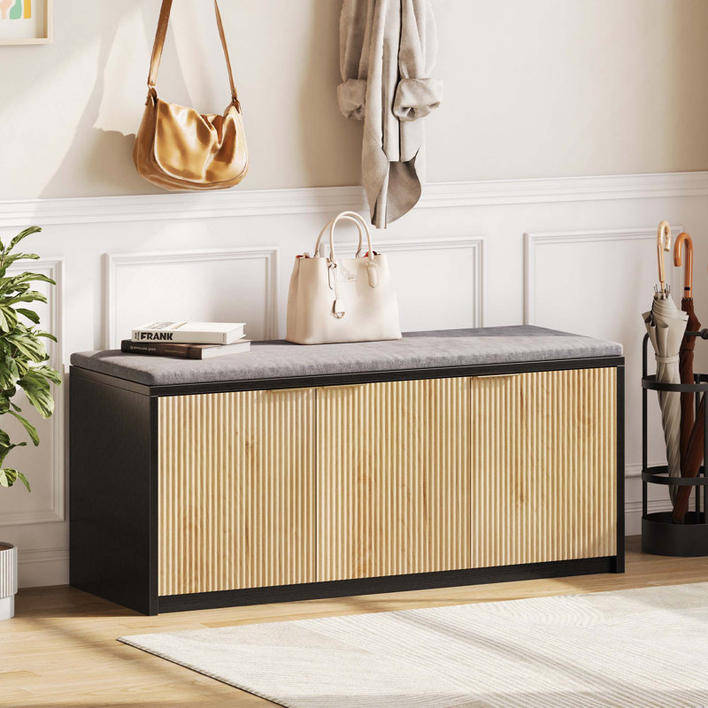 Banc de rangement pour chaussures à 2 niveaux avec 3 tablettes réglables et coussin de siège rembourré amovible