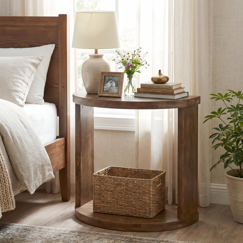 Table de chevet en bois massif 23,6 po, table de chevet demi-lune avec tablette ouverte pour la chambre à coucher, petits espaces