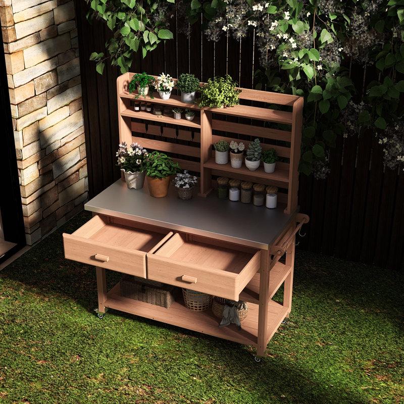 Table de rempotage d'extérieur avec plateau en acier inoxydable et roues verrouillables, Brun