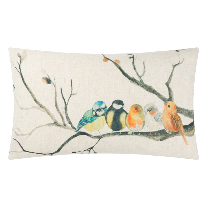 Housse de coussin en lin Birds, Rectangulaire, Blanc / gris, H 14 po x l 24 po