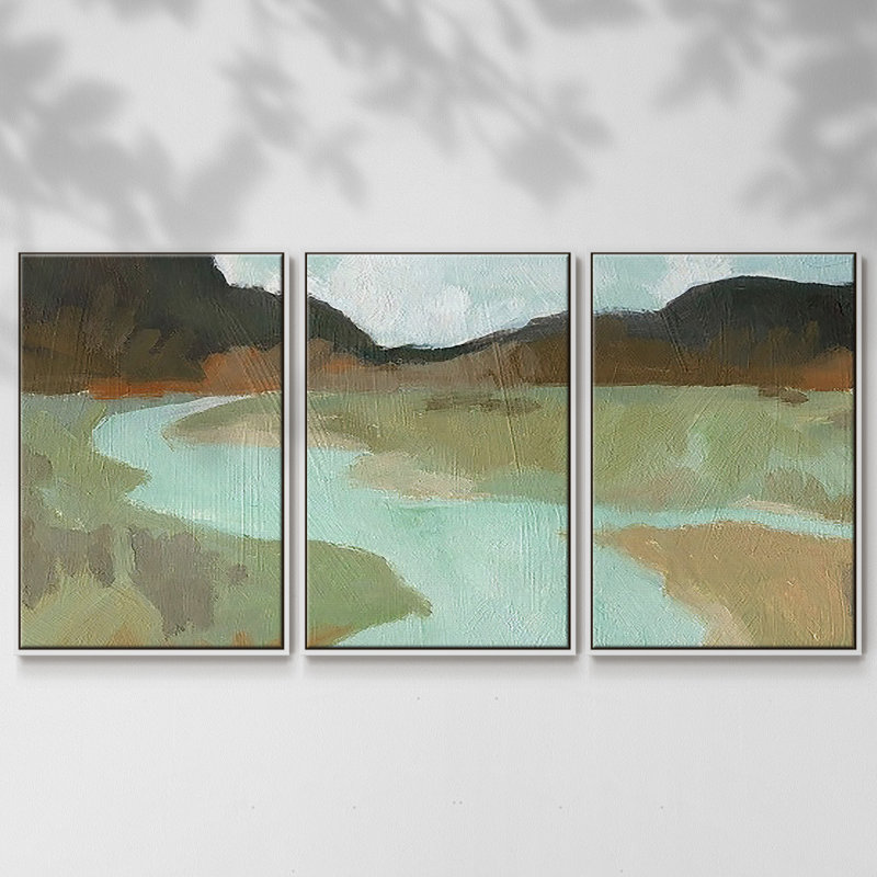 Coldwater Hills II, peinture sur toile 3 pièces, H 36 po x l 75 po, Cadre blanc