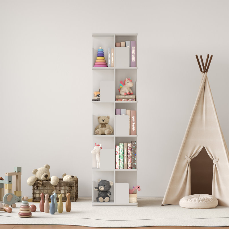 5 Tier Rotating Bookshelf, Small Corner Bookshelf For Small Space, 360 Display Floor Standing Bookcase Storage Rack, Wood Narrow Book Shelf Organizer For Bedroom, Living Room, White