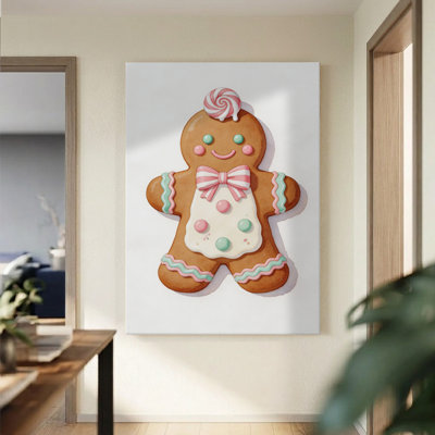 Tableau de Noël sur toile représentant un bonhomme en pain d'épices, impression sur toile tendue sur châssis, 61 x 91 cm, marron et rose, idéal pour la cuisine, la salle à manger et le salon.