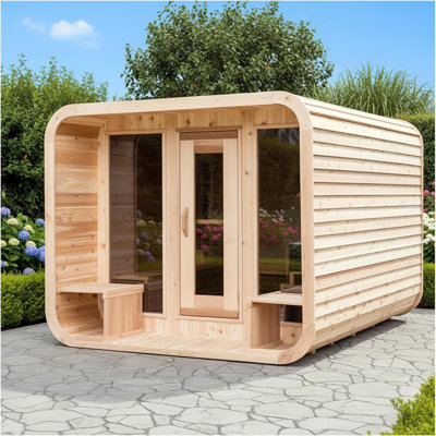 ZONEMEL 6-8 Person Wooden Outdoor Steam Sauna Room, Spruce Wood, ETL Certified 6KW TOULE Heater,Porch,Top PU Waterproof Cloth, Side Wooden Boards, Lying Down Benches, 8mm Tempered Glass, 220V