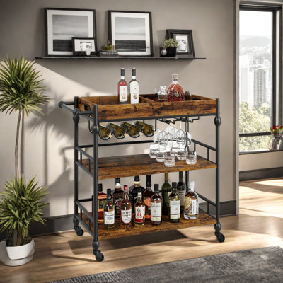 3-tier Rolling Bar Cart With Wine Rack & Removable Tray