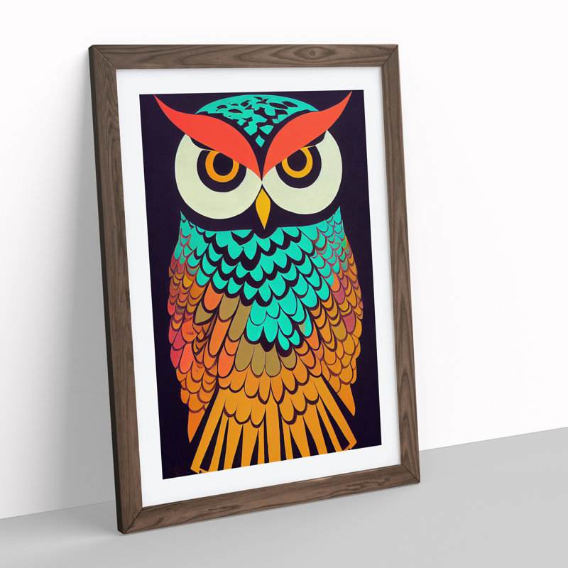 Colourful Owl No.4 - Single Picture Frame Print, 34cm H x 25cm W x 2cm D, Walnut