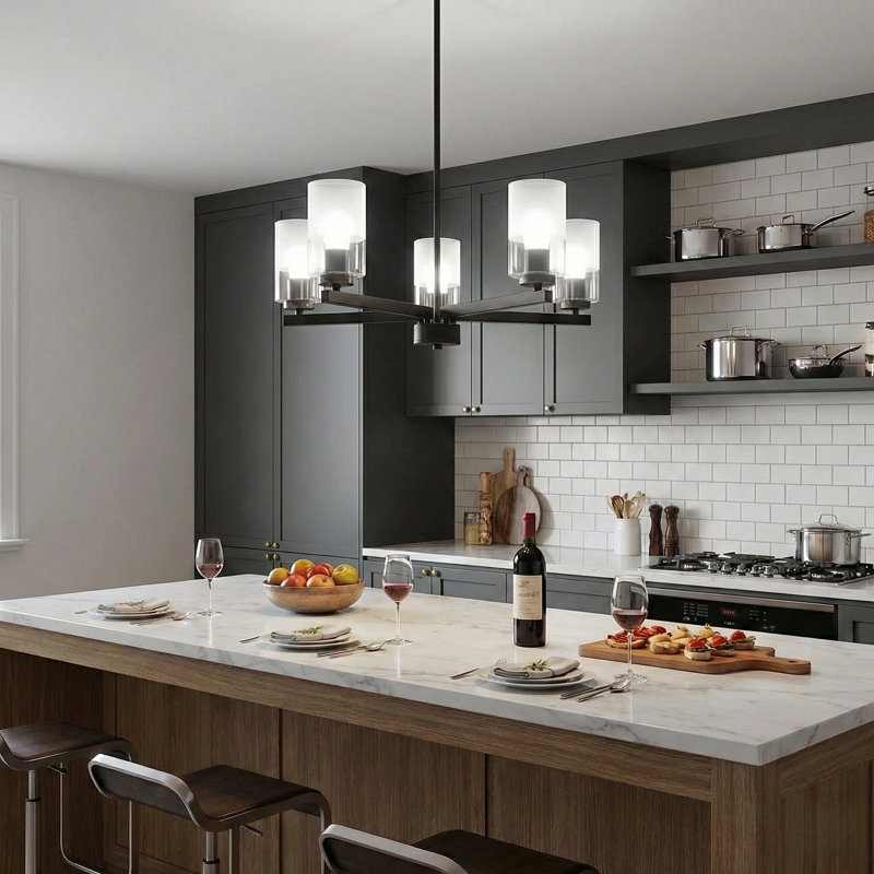 Renley 5-Light 26'' Dimmable Modern/Traditional Chandelier For Dining Room.Features Clear Glass., Matte Black