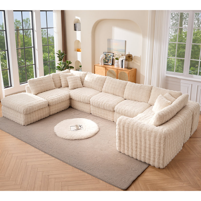 Boneless 8 - Piece Compression Upholstered Sectional, Beige Faux Fur