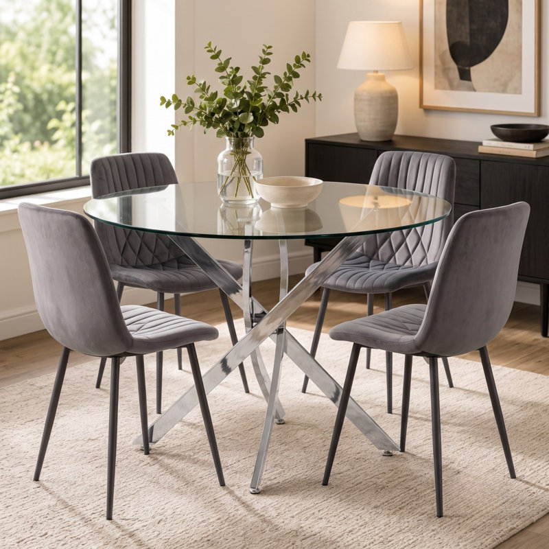 Modern Round Glass Dining Table Set with 4 Velvet Diamond Chairs 4 Seater Dining Room Set, Grey