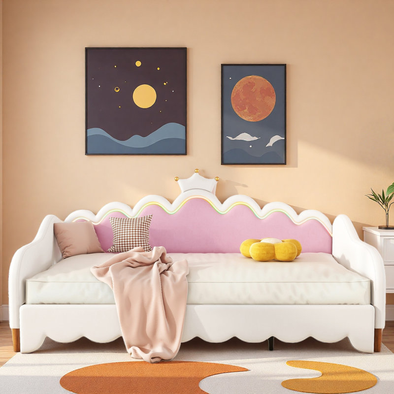 Extending Upholstered Daybed With Led Lights And Crown Headboard, White