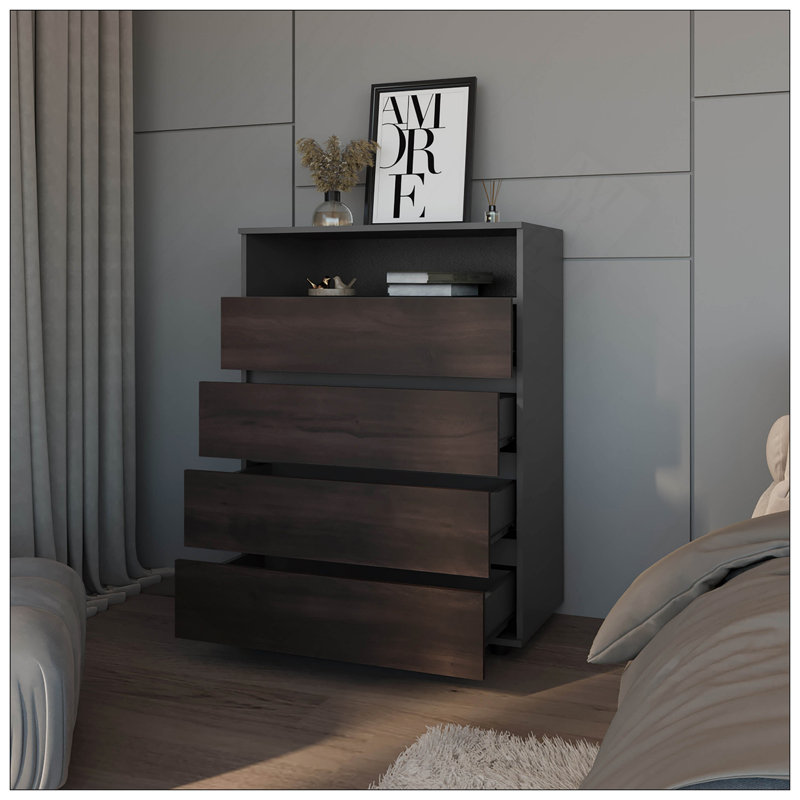 Stained Walnut 4-Drawer Dresser With Open Shelf