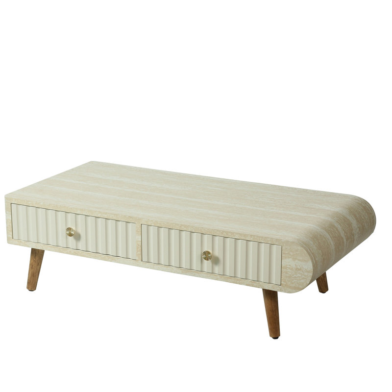 Table basse avec plateau en faux marbre plaqué, table basse moderne Mid-Century avec tiroir cannelé et pieds en bois massif, table basse pour le salon, la salle à manger, le bureau