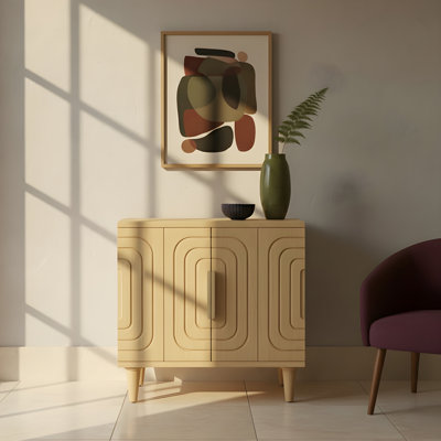 Modern Oak Accent Cabinet with Geometric Carved Doors, Fully Assembled Storage Cabinet, Mid-Century Sideboard Console for Living Room & Entryway