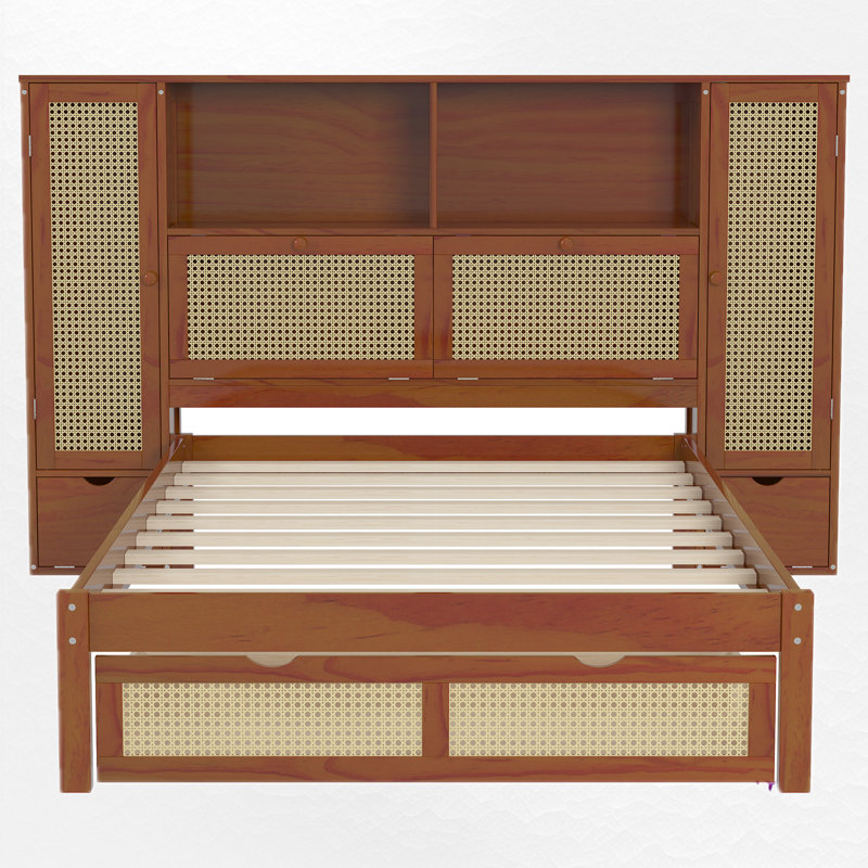 Lit plateforme simple en bois avec deux casiers de rangement et tablette de rangement, Noyer