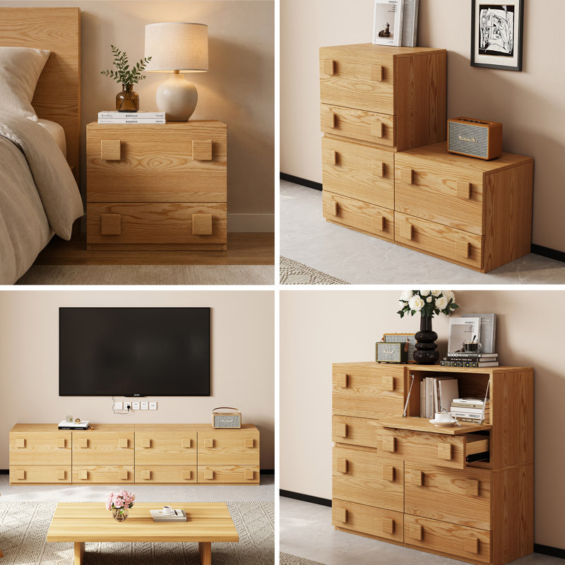 91.2" Modern TV Console for Living Room with 4 Drawers, Nature Wood