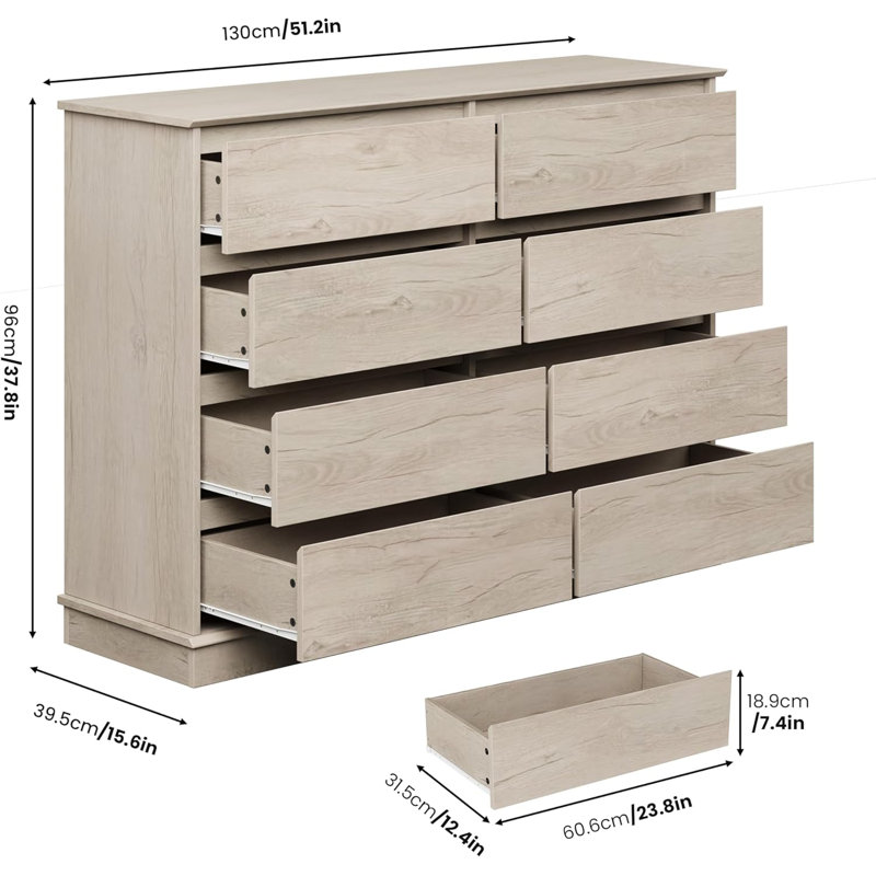 Commode 8 tiroirs large en chêne moderne avec plateau spacieux, Chêne