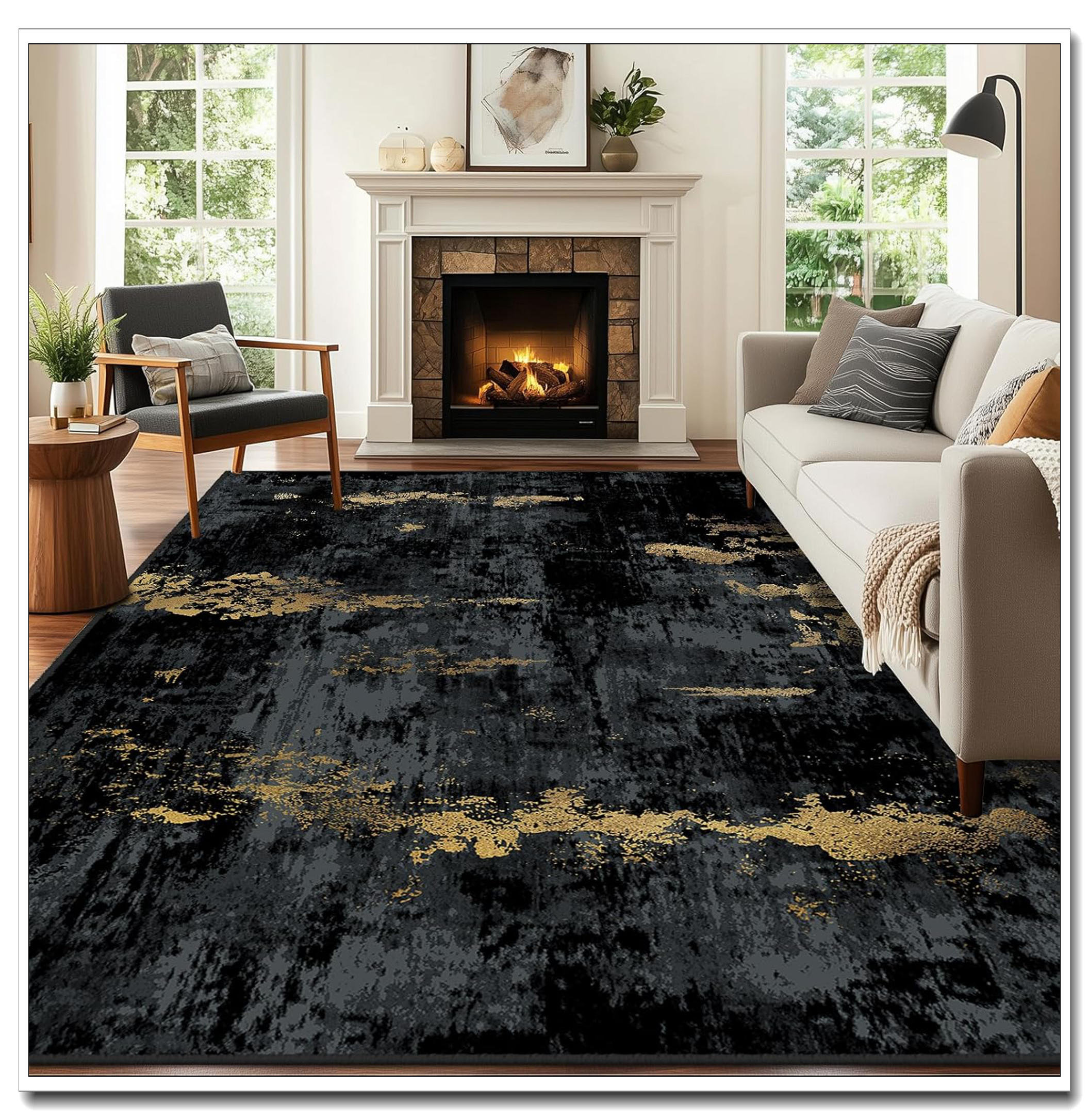 8'X10' Washable Non-Slip Area Rug - Modern Abstract Print (Dark Black Gold) For Living Room Bedroom