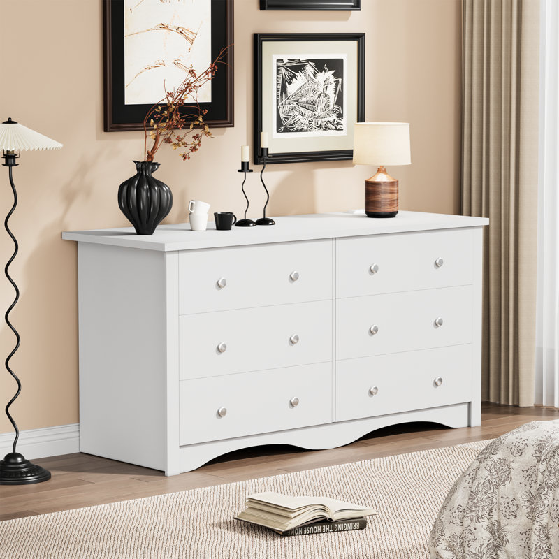 6-Drawer Dresser With Integrated Charging Station  & Wave Base, Modern White Finish, White