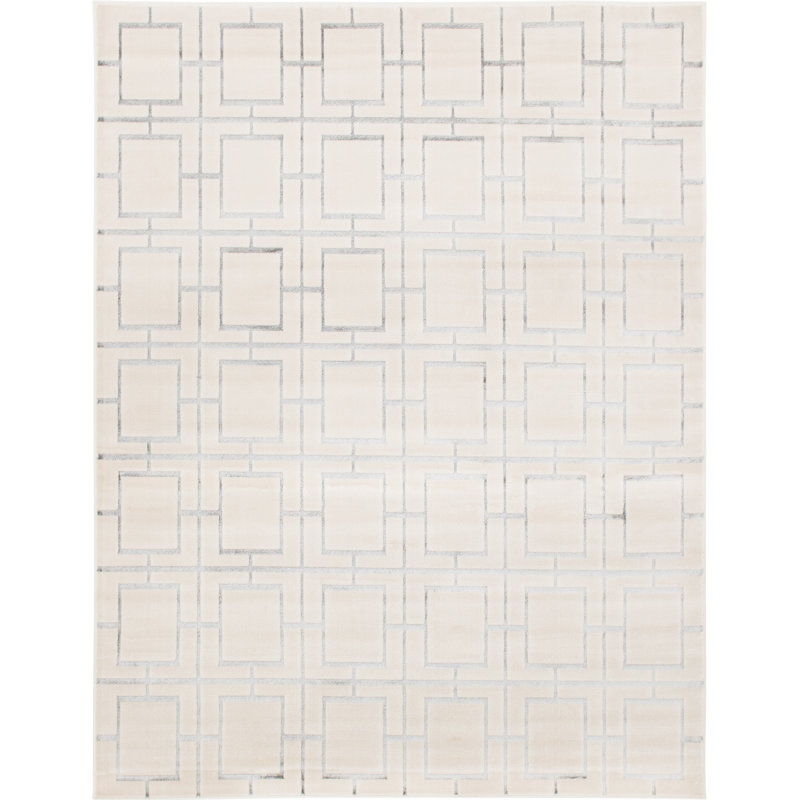 Glam Geometric White Silver Area Rug, Rectangle 7'10" x 10'