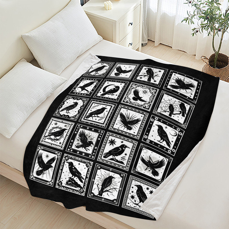 Jeté en flanelle JYK Halloween, Crow Pattern Grid