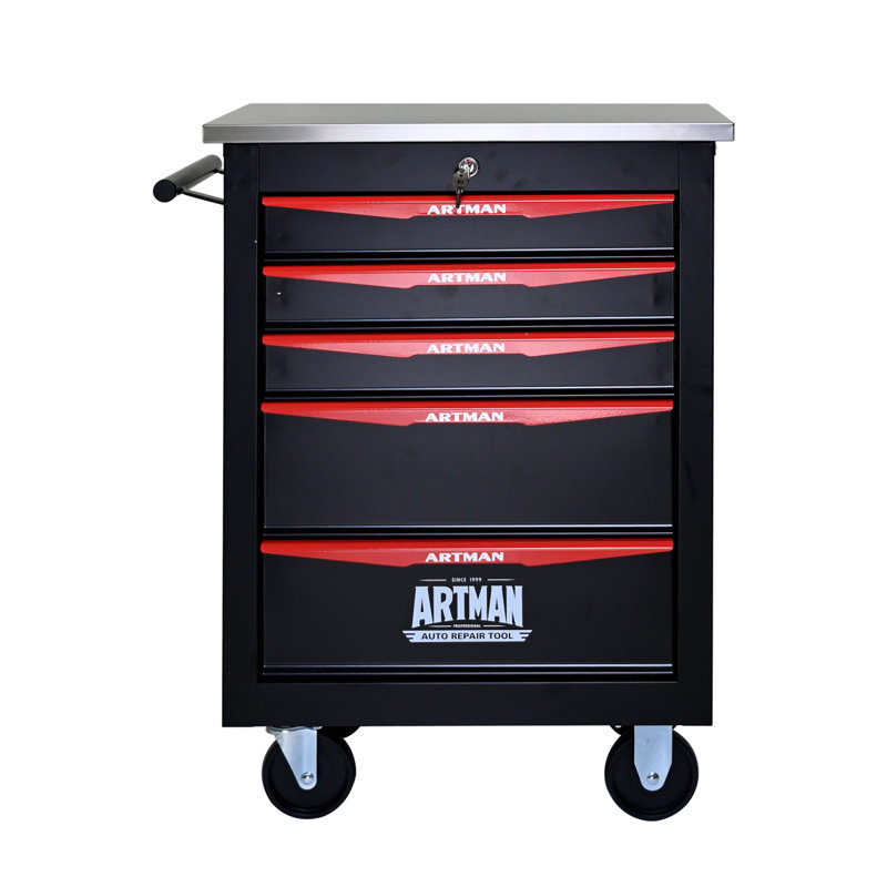 Chariot à outils multifonctionnel à 5 tiroirs avec roulettes, rangement en métal pour atelier de garage, Rouge / Noir