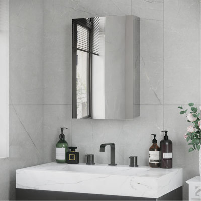 Wall-Mounted Medicine Cabinet With Mirror, Bathroom Mirror Cabinet Wall Mounted With Hinged Door, Storage Shelves For Living Room And Laundry Room, 15" X 24", Silver