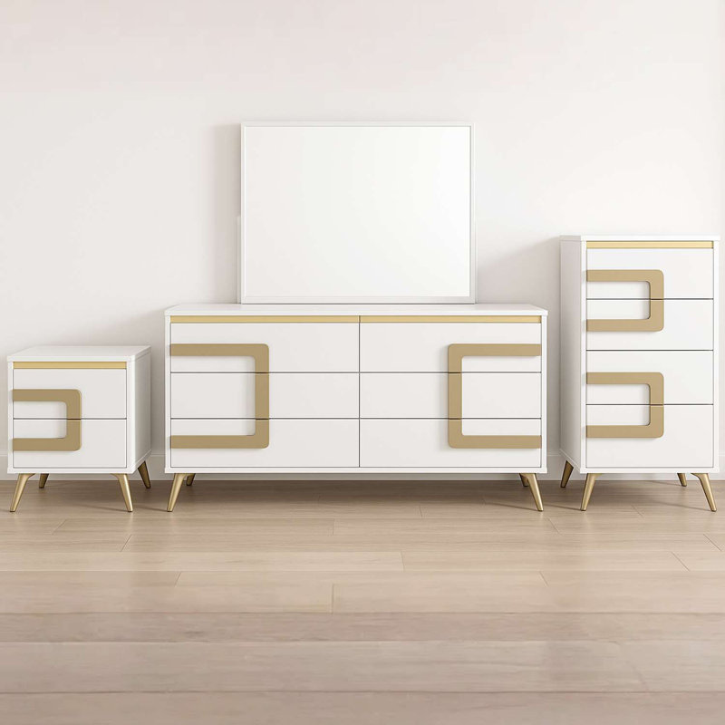 Ensemble de chambre à coucher moderne 4 pièces avec commode blanche et dorée, miroir, commode et table de chevet assortie pour un style contemporain