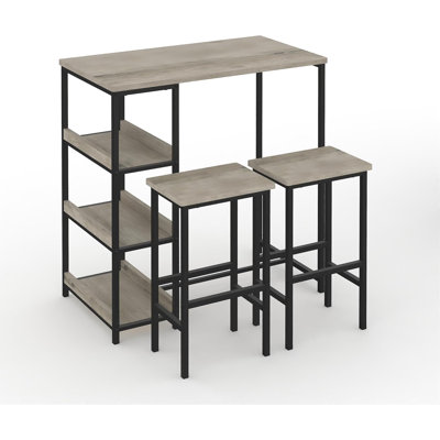 Ensemble de table de cuisine 3 pièces avec tablettes de rangement et 2 tabourets de bar - et table de salle à manger en bois pour petits espaces. Appartements. Condos. Gris