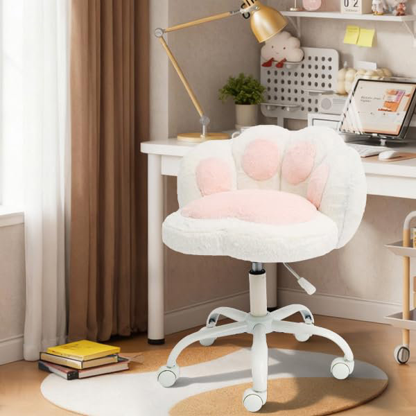 Chaise de coiffeuse à roulettes motif patte de chat - Chaise de maquillage/travail pivotante à 360° et réglable en hauteur, sans accoudoirs - Coussin moelleux en tissu rembourré avec soutien lombaire - Couleur : Blanc et rose