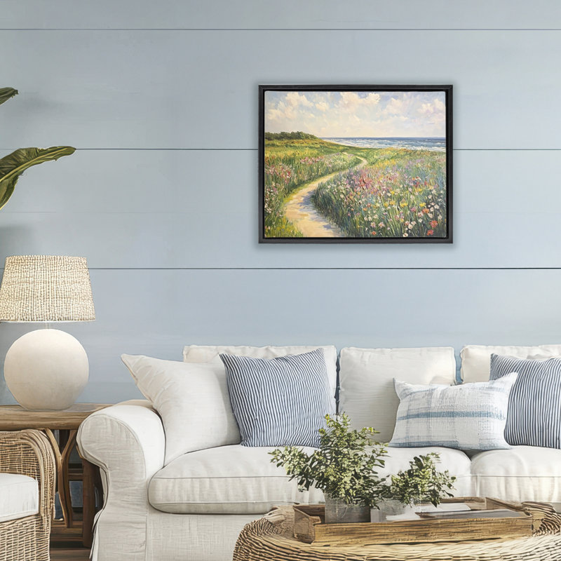 Impressionist Coastal Meadow Floating Frame, design by Petal Prints Design, Jet Black Floater Frame, 17" H x 21" W